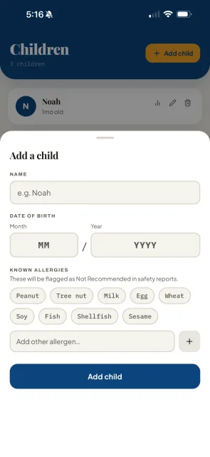 NuzBaby add a child screen for setting up a new child's name, birth date, and allergies
