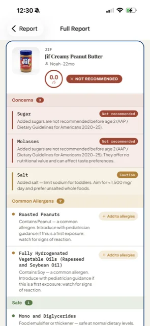 NuzBaby full safety report for a jar of peanut butter, flagging added sugar and allergens