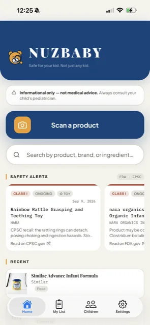 NuzBaby home screen with safety alerts and a recent scan