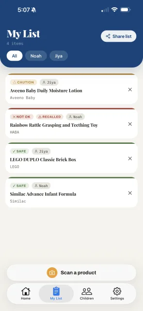 NuzBaby saved list split by child, showing a recalled toy and a caution-flagged lotion for Jiya alongside safe items for Noah