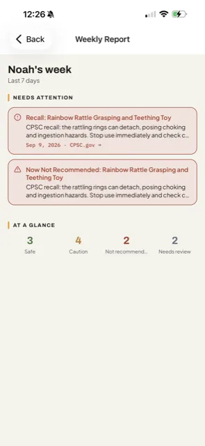 NuzBaby weekly report flagging a toy recall for a child